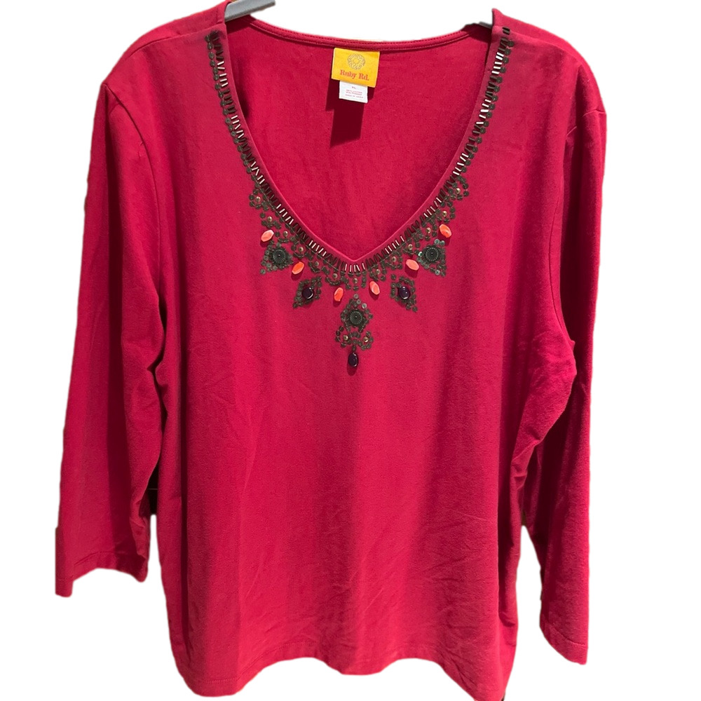 Ruby Rd. Women's Red Embellished V-Neck Top Size XL